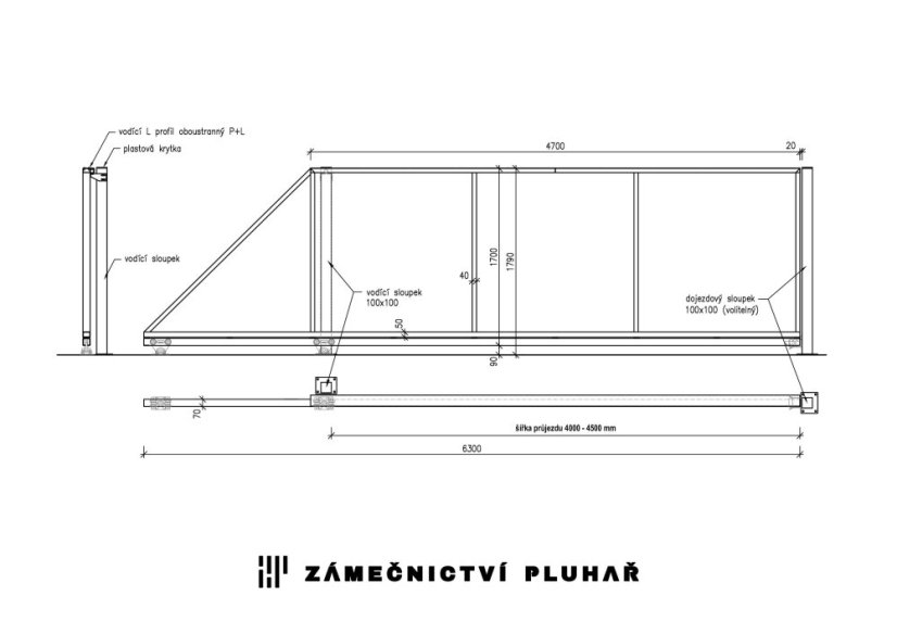 Samonosná posuvná brána š. 400 - 450 cm x v. 170 cm