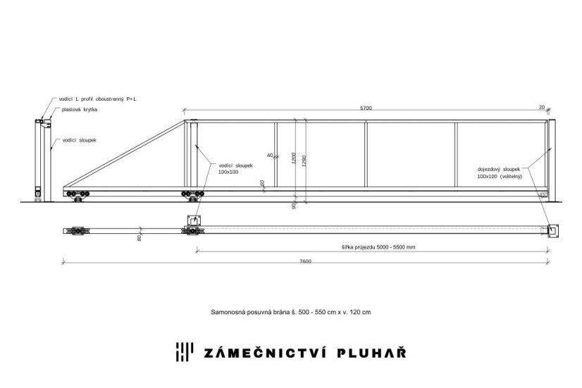 Samonosná posuvná brána 550 × 120 cm