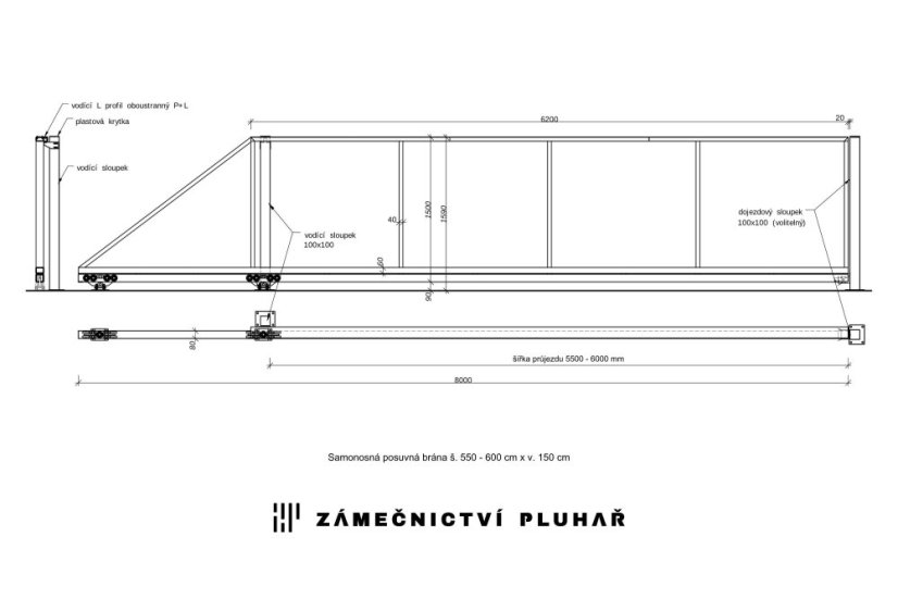 Samonosná posuvná brána 600 × 150 cm
