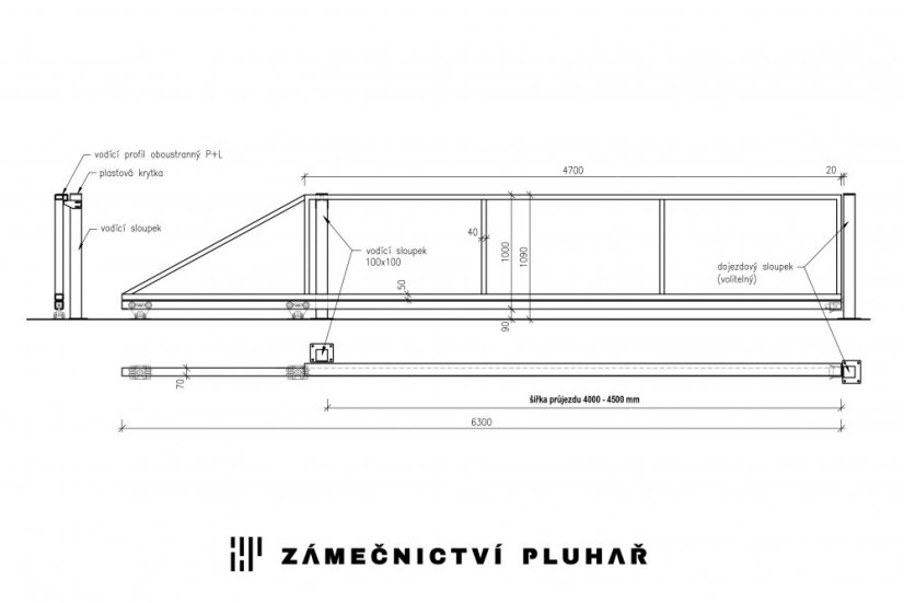 Samonosná posuvná brána š. 400 - 450 cm x v. 100 cm
