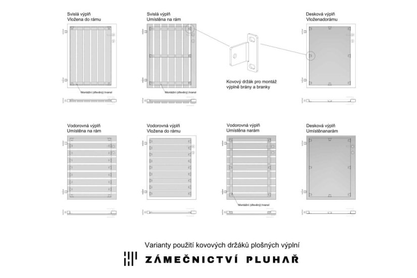 Montáž výplně pomocí našeho držáku - různé varianty