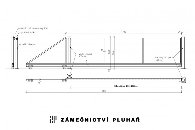 Samonosná posuvná brána š. 400 - 450 cm x v. 120 cm