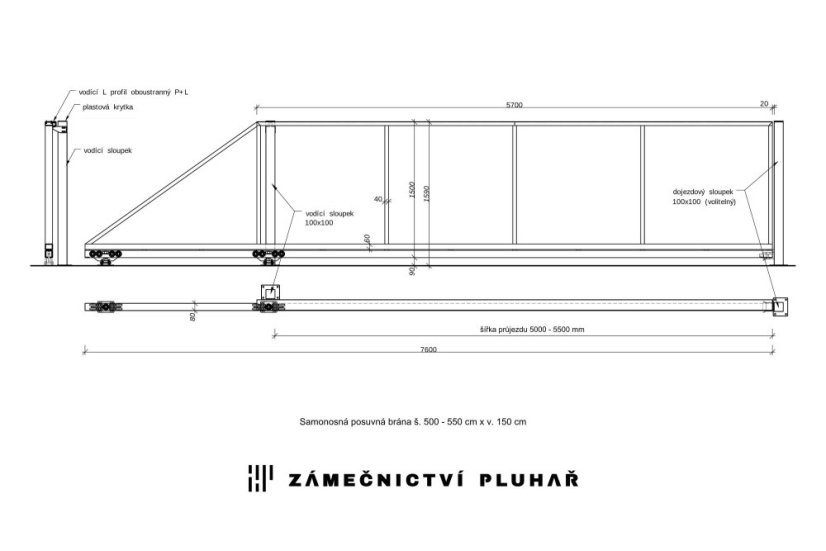 Samonosná posuvná brána 550 × 150 cm