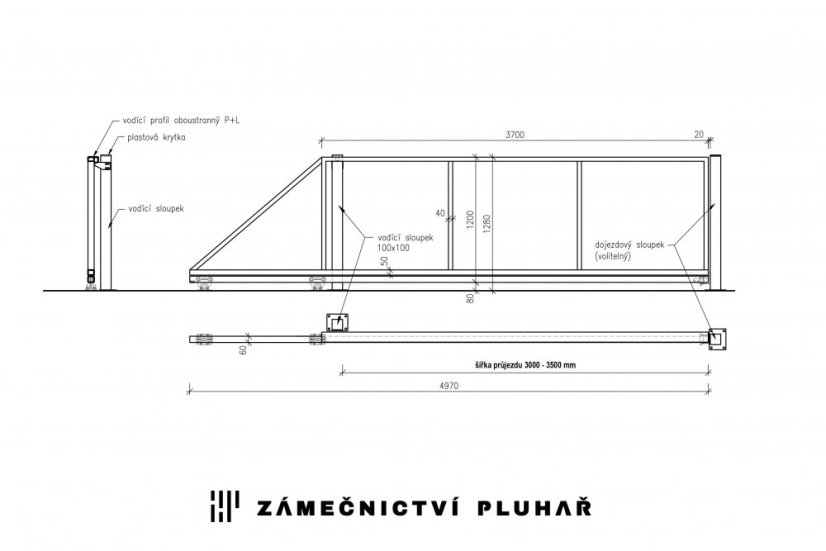 Samonosná posuvná brána š. 300 - 350 cm x v. 120 cm