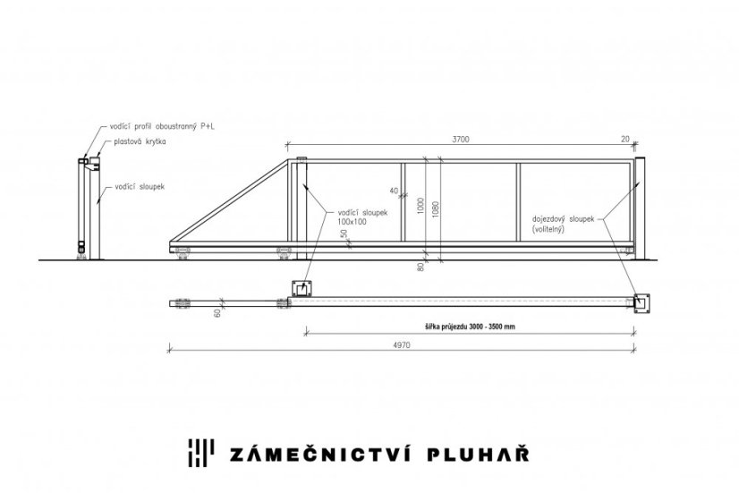 Samonosná posuvná brána š. 300 - 350 cm x v. 100 cm