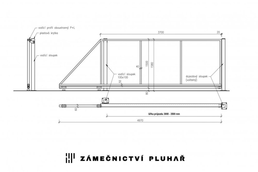 Samonosná posuvná brána š. 300 - 350 cm x v. 150 cm