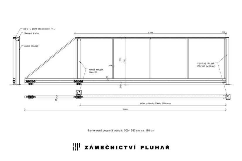 Samonosná posuvná brána 600 × 120 cm