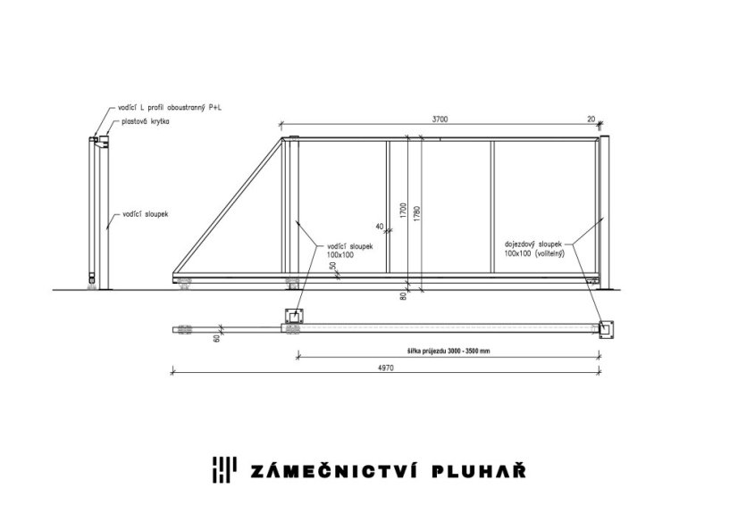 Samonosná posuvná brána š. 300 - 350 cm x v. 170 cm - Dojezdový sloupek brány: ✔ Bez dojezdového sloupku