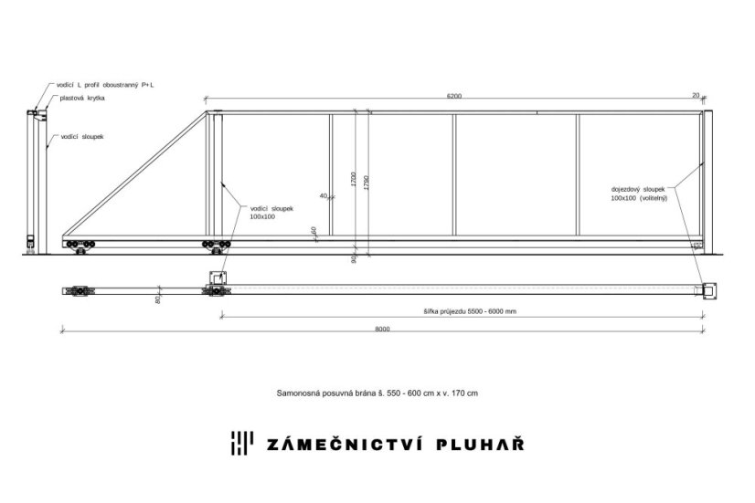 Samonosná posuvná brána 600 × 170 cm
