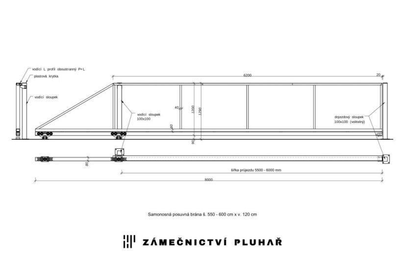 Samonosná posuvná brána 600 × 120 cm