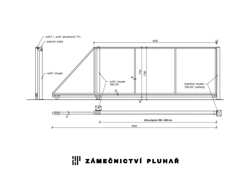 Samonosná posuvná brána š. 350 - 400 cm x v. 170 cm - Dojezdový sloupek brány: ✔ S dojezdovým sloupkem